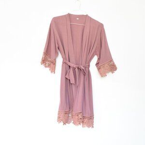 Dusty Rose Floral Lace Trim Dressing Gown Robe | One Size